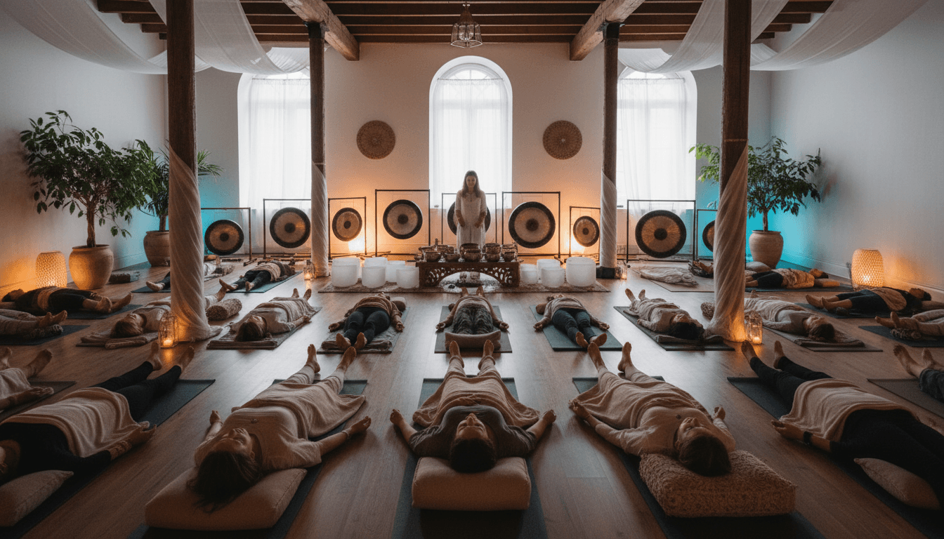 Group sound bath session with multiple participants meditating peacefully, facilitated by practitioner with singing bowls and gongs