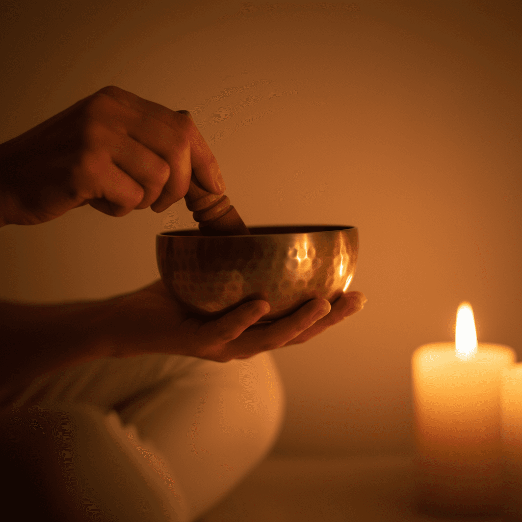 Hayley White with singing bowl during healing session