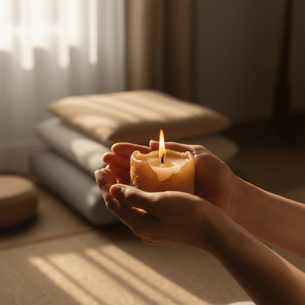 Person in peaceful meditation during healing session