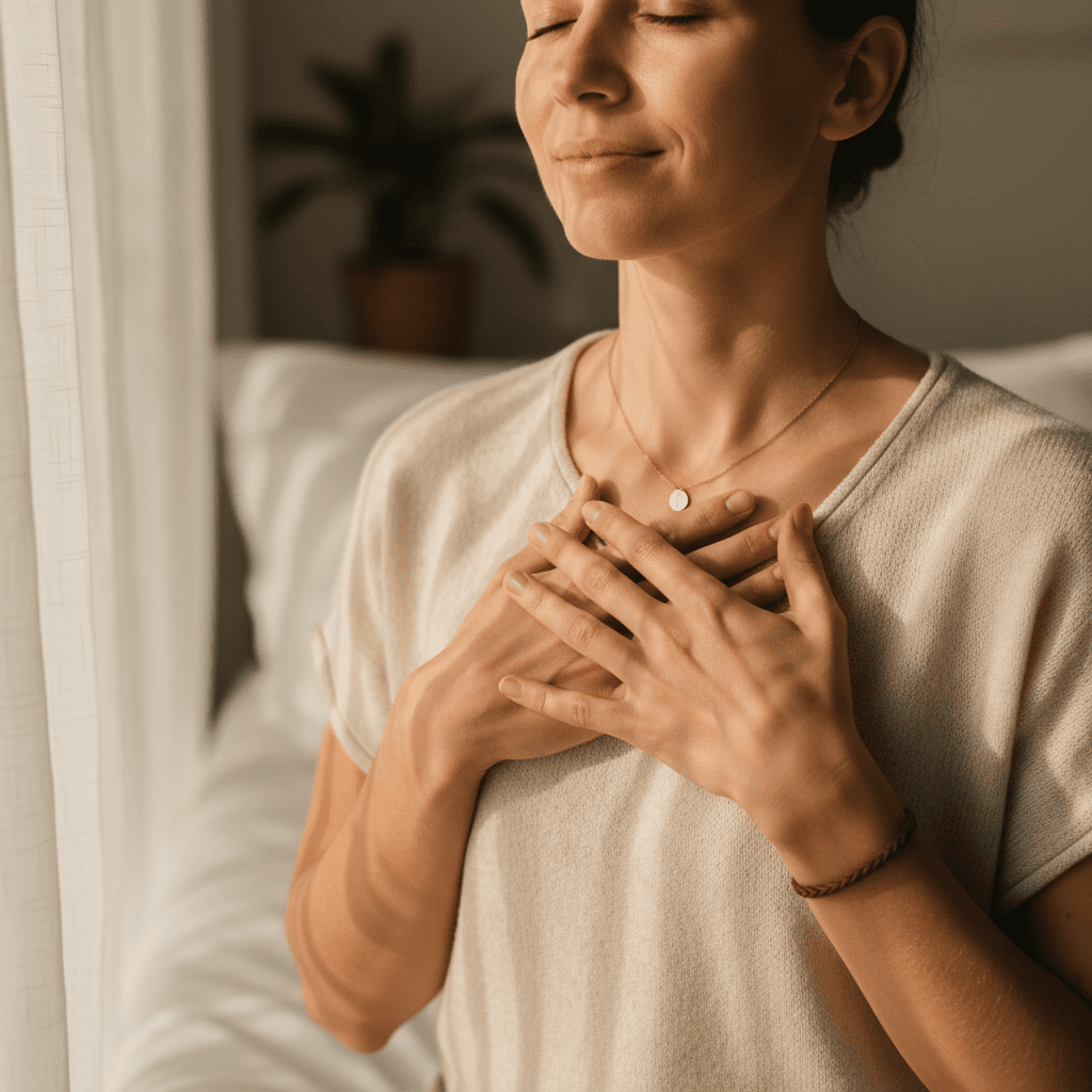 Woman in peaceful meditation during healing session